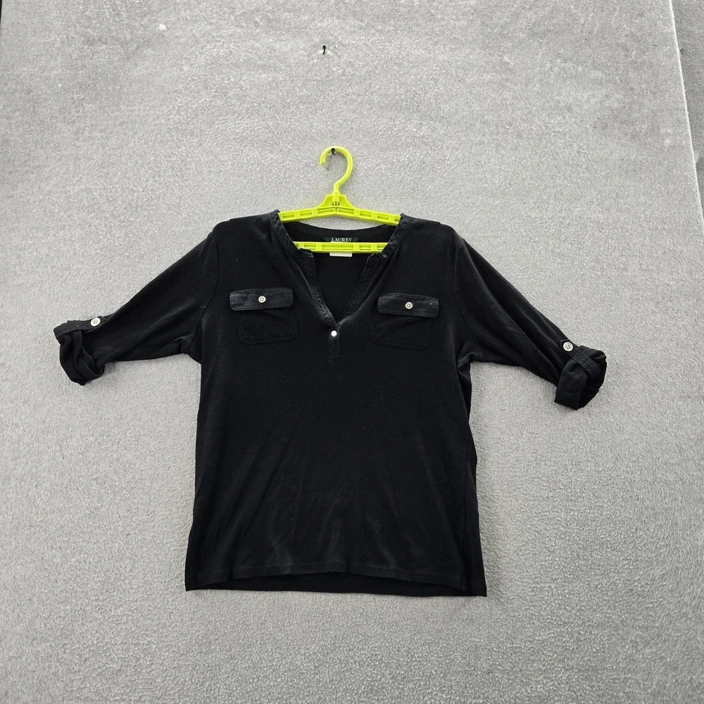 Lauren‎ Ralph Women Blouse L Black Button V-Neck Pullover